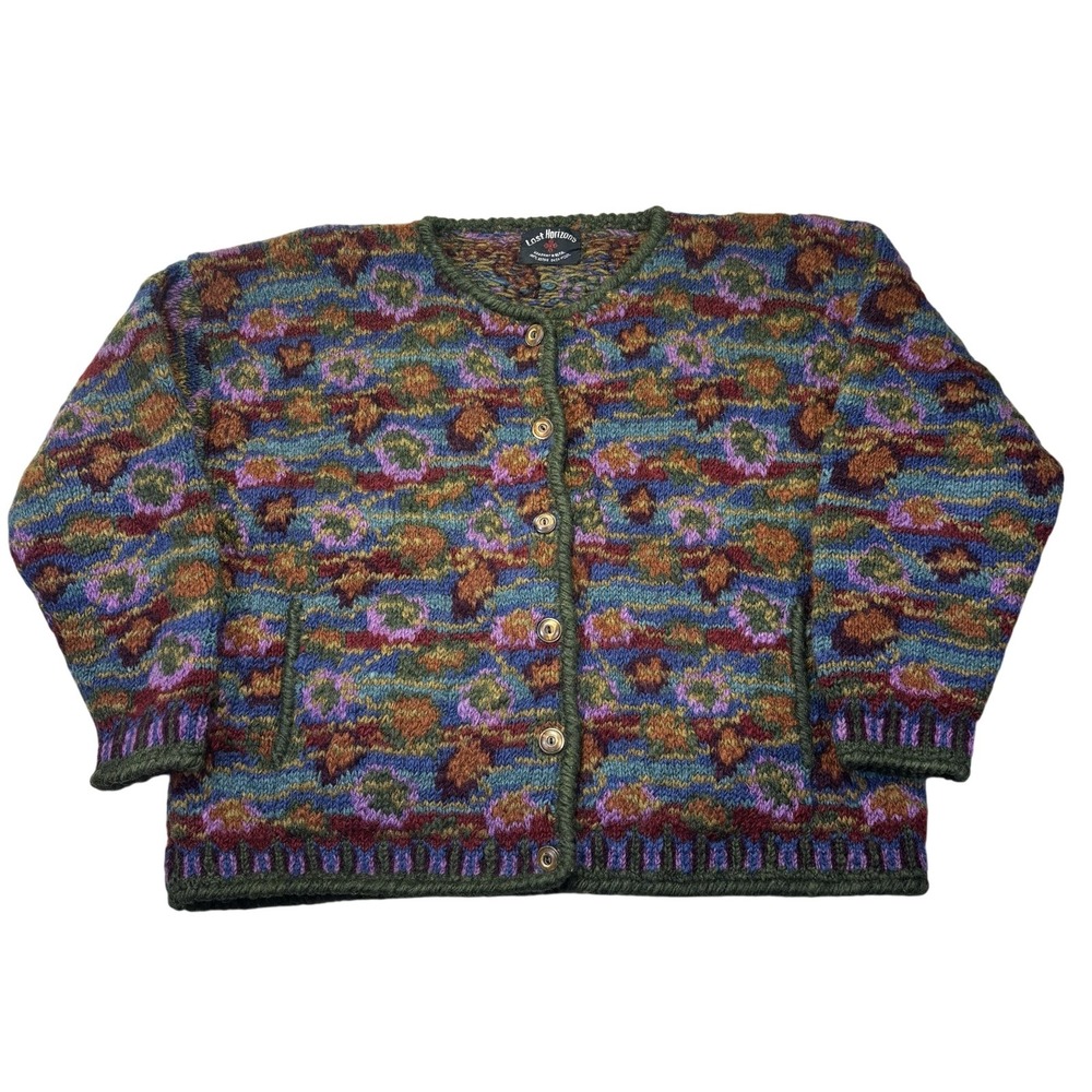 Vintage 90s Lost Horizons Sweater Womens Large Multicolor Wool Fair Isle Button